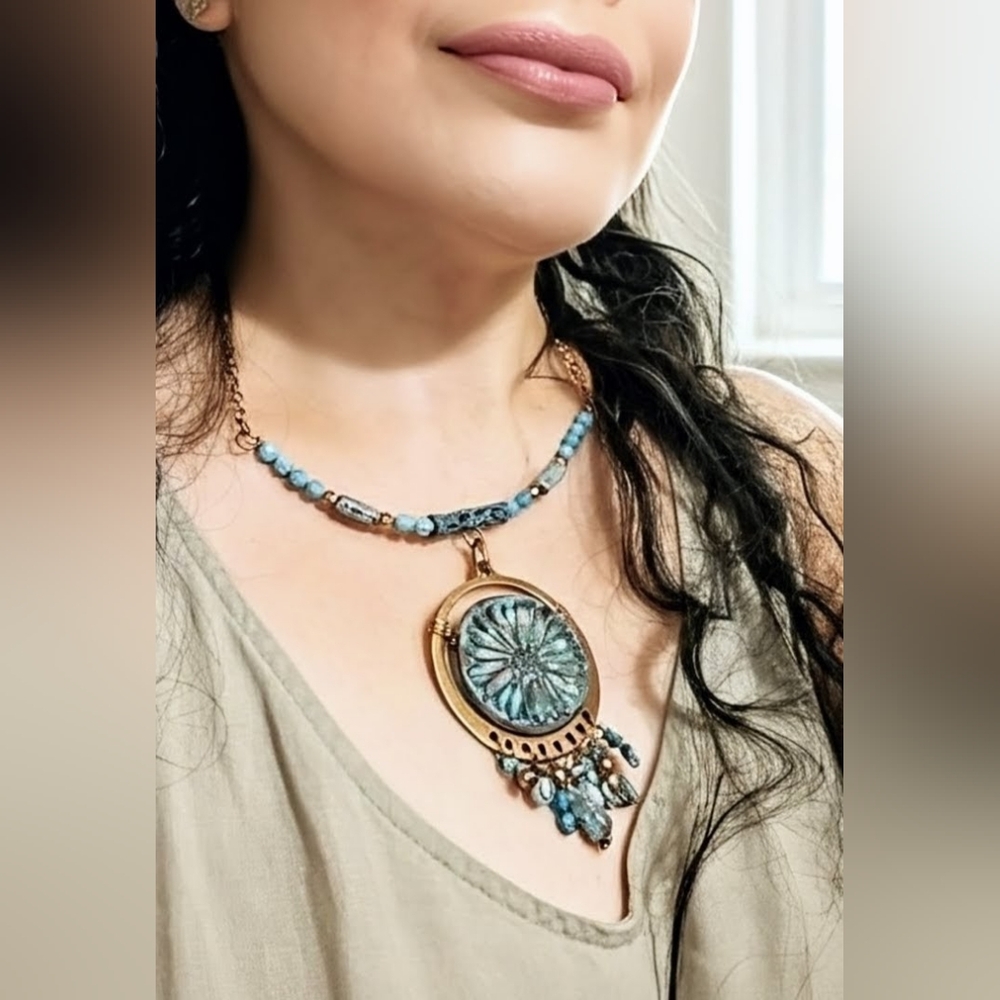 Rugged & Weathered Roman Inspired Empress Verdigris Clay & Turquoise Necklace - Picture 10 of 11